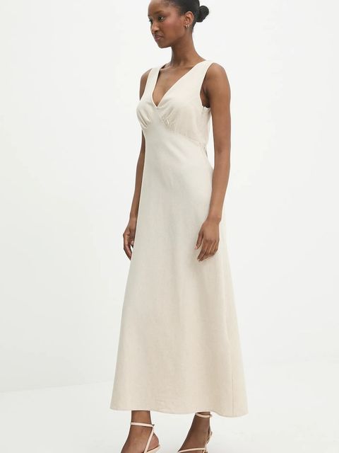 Answear.LAB sukienka z domieszką lnu kolor beżowy maxi rozkloszowana