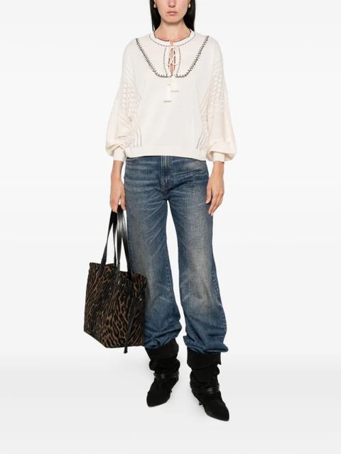 Ba&Sh Bausca embroidered tassel-neck top - Neutrals
