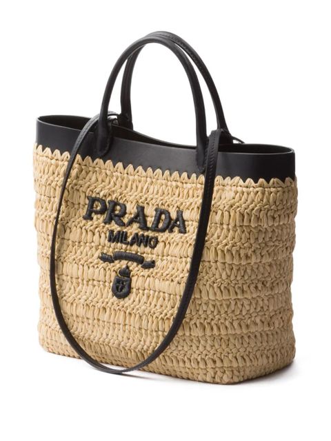 Prada leather-trimmed woven tote bag - Neutrals