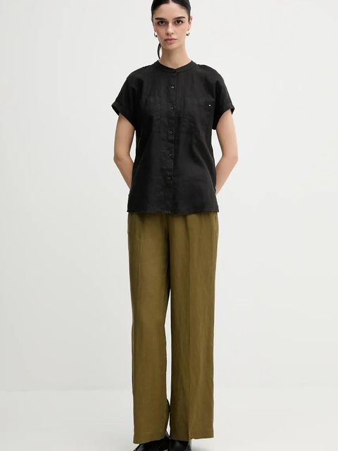 Tommy Hilfiger koszula lniana damska kolor czarny relaxed ze stójką WW0WW44715 - zdjęcie produktu nr 2