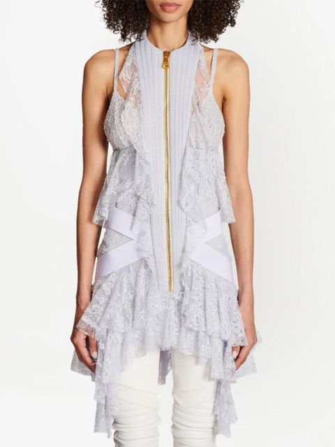 Balmain lace-panelled ruffle mini dress - Grey