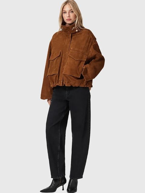 AllSaints kurtka zamszowa kolor brązowy przejściowa W087LD