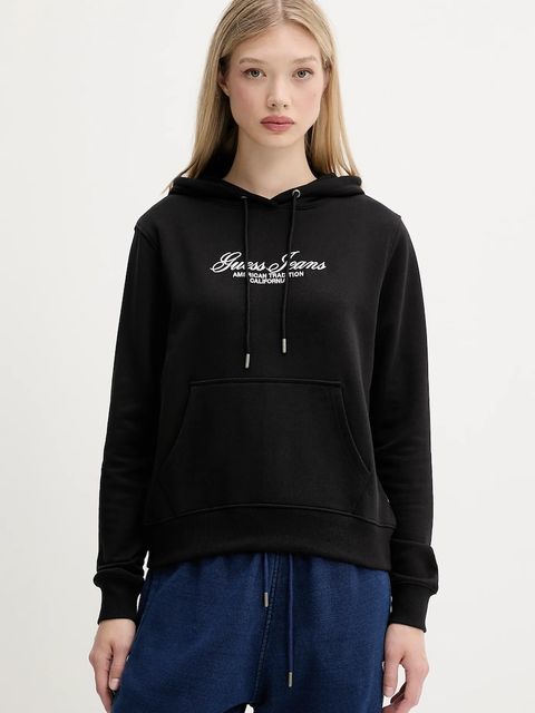 Guess Jeans bluza bawełniana damska kolor czarny z kapturem z aplikacją W5YQ13 K68I4 - zdjęcie produktu nr 1