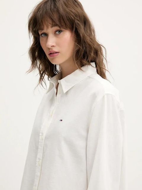 Tommy Jeans koszula z domieszką lnu damska kolor beżowy regular z kołnierzykiem klasycznym DW0DW20292