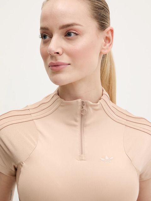 adidas Originals t-shirt Zip Up Crop Top damski kolor beżowy z półgolfem JJ0916