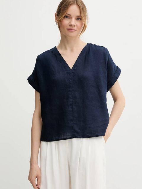 United Colors of Benetton bluzka lniana damska kolor granatowy gładka 5BMLDQ0BR - zdjęcie produktu nr 1