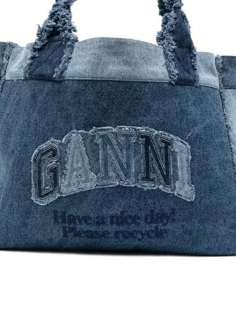 GANNI patchwork frayed tote bag - Blue