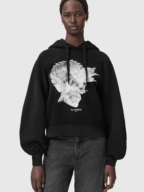 AllSaints bluza z bawełną damska kolor czarny z kapturem z nadrukiem W092JD - zdjęcie produktu nr 1