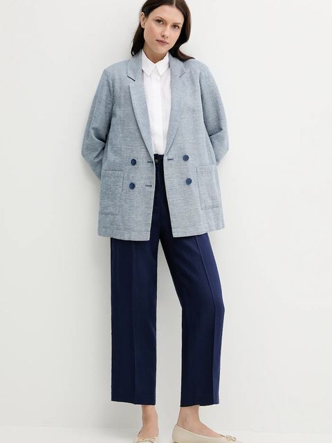 United Colors of Benetton marynarka lniana kolor niebieski dwurzędowa wzorzysta 265XDW035