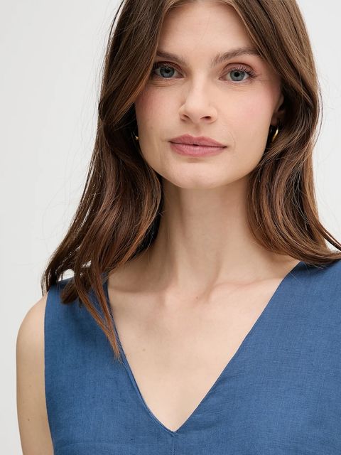 United Colors of Benetton sukienka lniana kolor granatowy maxi rozkloszowana