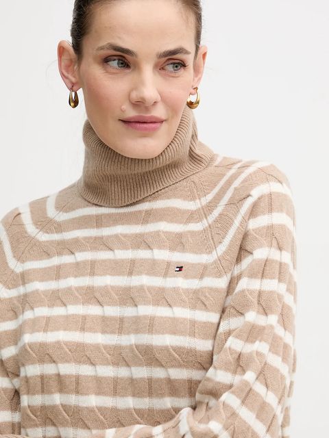 Tommy Hilfiger sweter wełniany damski kolor beżowy lekki z golfem WW0WW46791