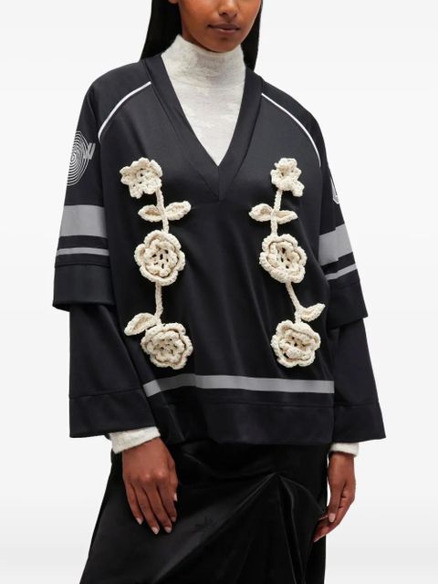 GANNI crocheted-flower jersey top - Black