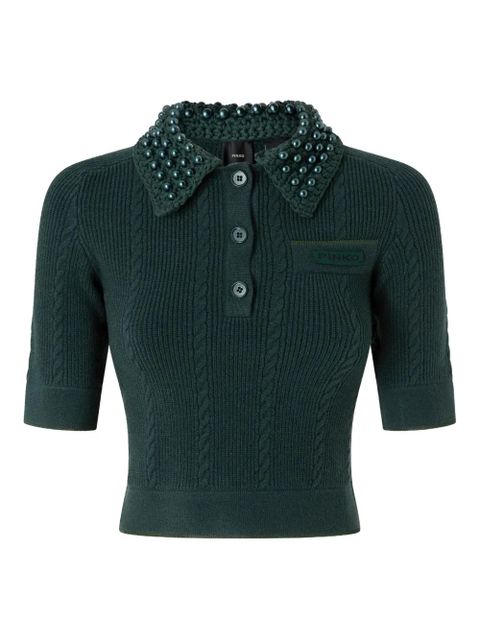 PINKO cable-knit beaded-collar polo top - Green - zdjęcie produktu nr 1