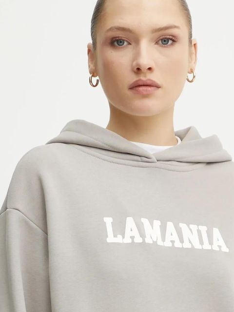 La Mania bluza damska kolor beżowy z kapturem z nadrukiem YOUNG