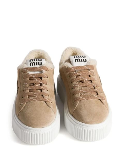 Miu Miu logo-embroidered suede sneakers - Neutrals - zdjęcie produktu nr 2