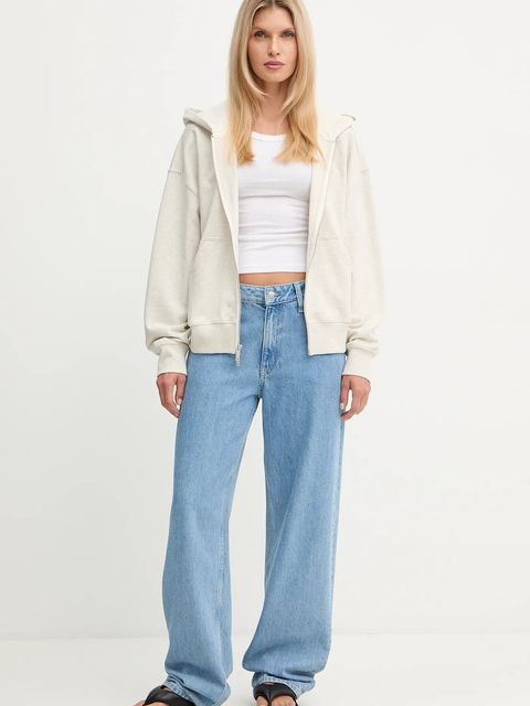 Calvin Klein bluza bawełniana damska kolor beżowy z kapturem gładka LV044C211G