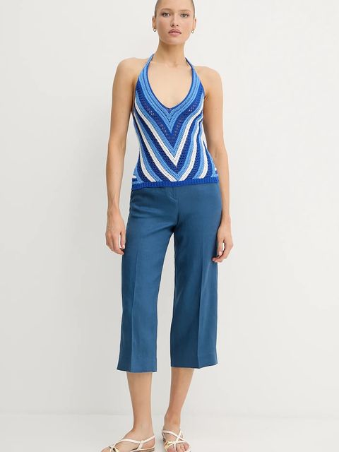 United Colors of Benetton spodnie lniane damskie kolor niebieski proste high waist 4AGHDF08M