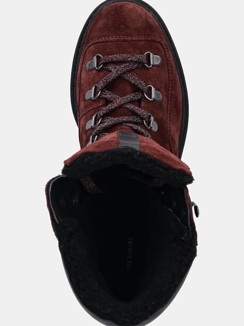 Medicine botki skórzane damskie kolor bordowy na platformie