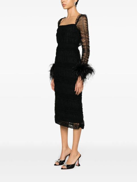 Self-Portrait feather-cuffs point d'esprit midi dress - Black