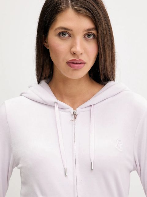 Juicy Couture bluza welurowa damska kolor fioletowy z kapturem gładka JCAP176