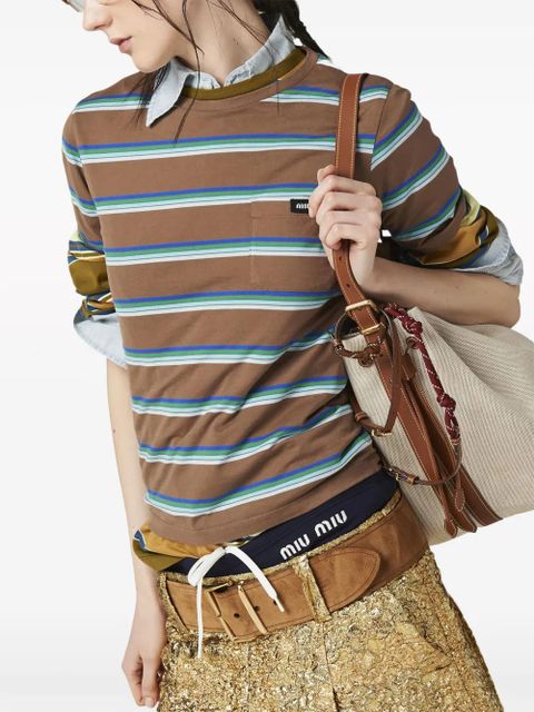 Miu Miu logo-patch striped T-shirt - Brown
