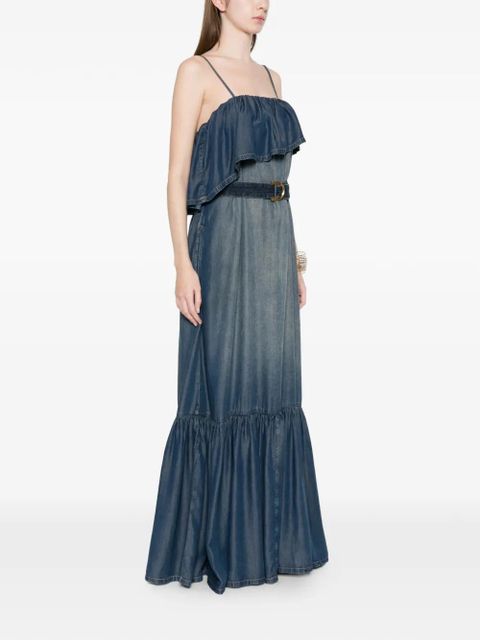 PINKO ruffled belted denim maxi dress - Blue