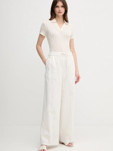 Calvin Klein spodnie lniane damskie kolor beżowy szerokie high waist LV044B676G - zdjęcie produktu nr 2