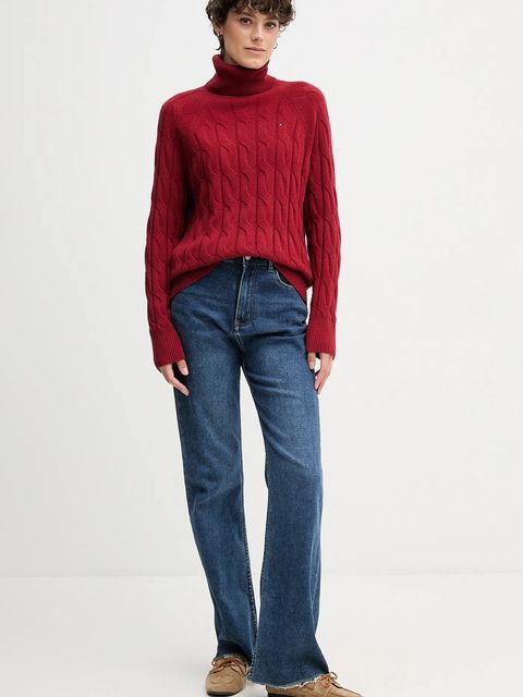 Tommy Hilfiger sweter wełniany damski kolor bordowy lekki z golfem WW0WW46791