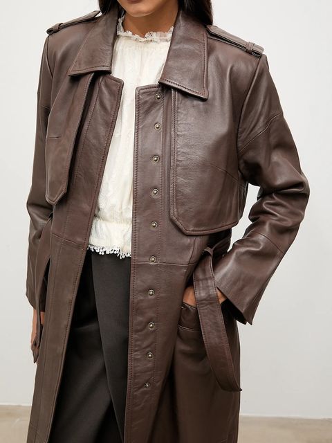 Answear.LAB trencz skórzany kolor brązowy