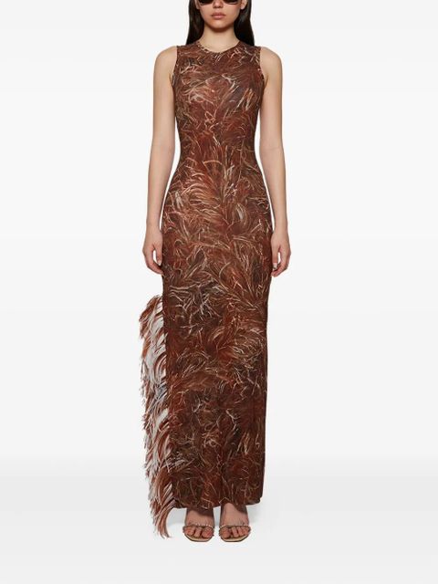 LOEWE Feather-print fringe maxi dress - Brown - zdjęcie produktu nr 2