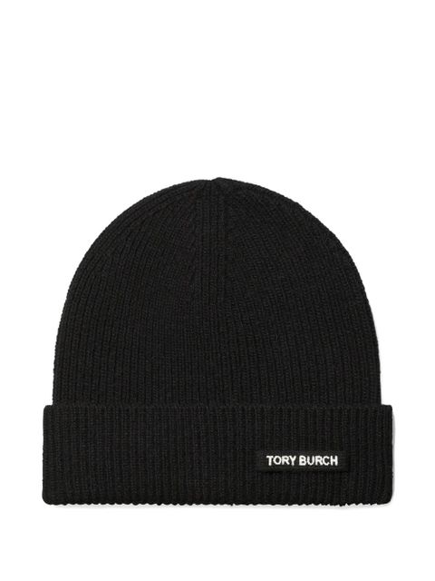 Tory Burch ribbed logo-detail beanie hat - Black - zdjęcie produktu nr 1