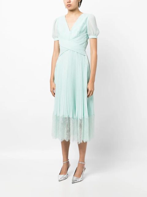 Self-Portrait pleated lace-trim midi dress - Blue