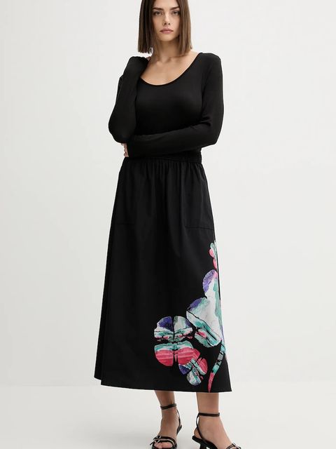 Desigual spódnica bawełniana ELLA LACROIX kolor czarny midi rozkloszowana 25WWFW05