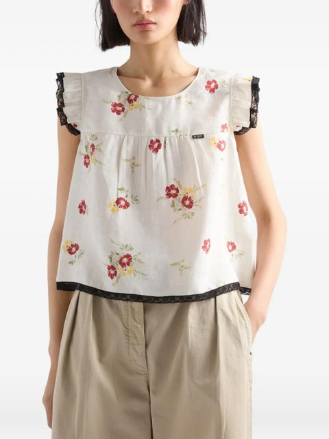 Prada linen top with floral motif - Neutrals