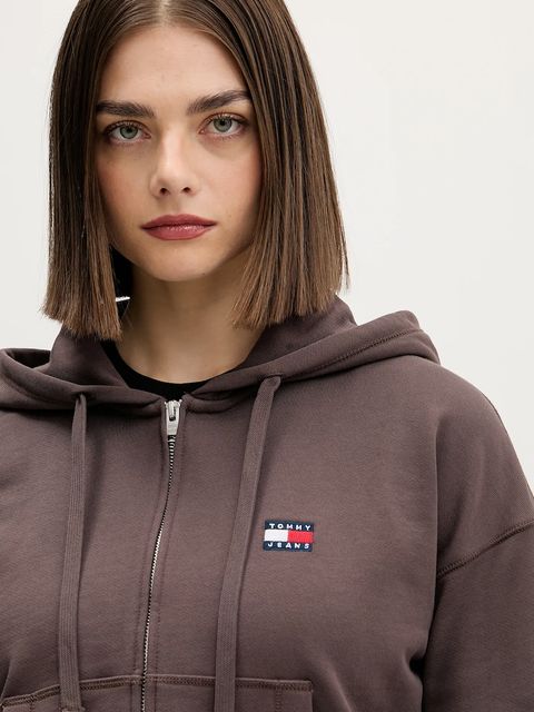 Tommy Jeans bluza bawełniana damska kolor brązowy z kapturem melanżowa DW0DW21976