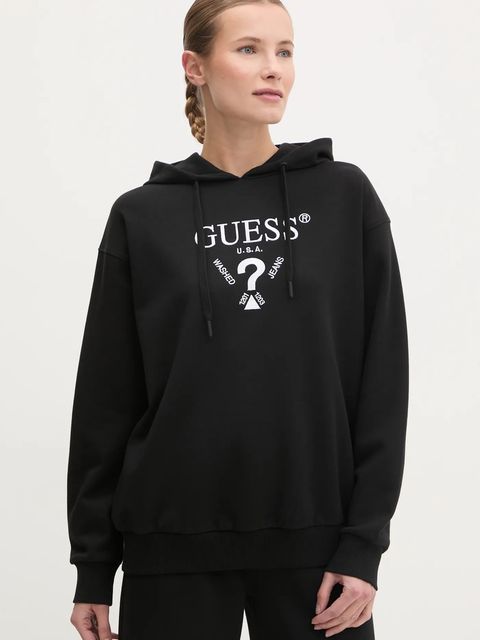 Guess bluza ROBERTA damska kolor czarny z kapturem z aplikacją V5RQ11 KC3D2