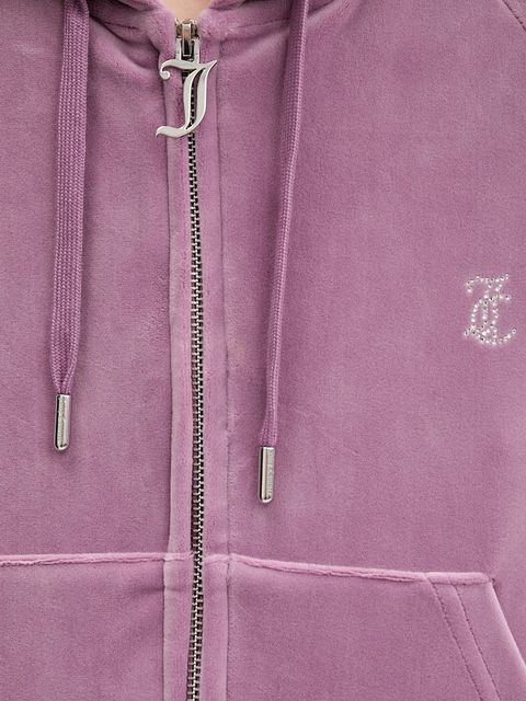 Juicy Couture bluza welurowa damska kolor fioletowy z kapturem gładka JCWAS225306