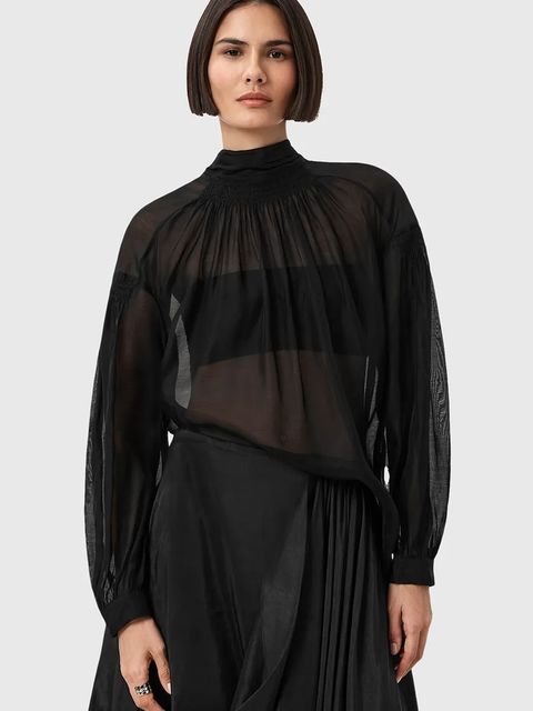 AllSaints bluzka z dodatkiem jedwabiu PEARLA damska kolor czarny gładka W027PD - zdjęcie produktu nr 1