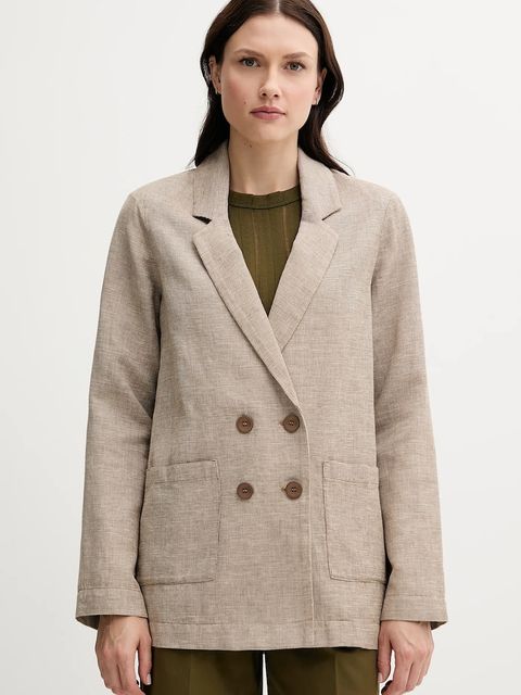 United Colors of Benetton marynarka lniana kolor beżowy dwurzędowa wzorzysta 265XDW035 - zdjęcie produktu nr 1