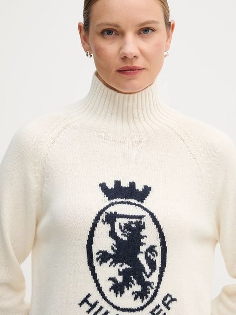 Tommy Hilfiger sweter z dodatkiem wełny damski kolor beżowy z półgolfem WW0WW46434 - zdjęcie produktu nr 2