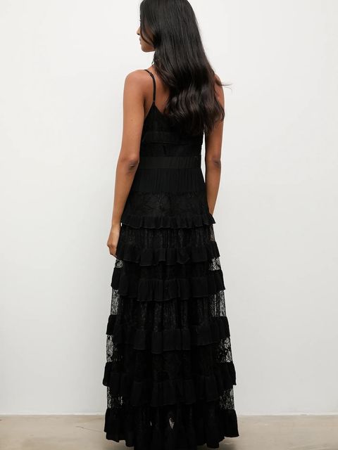 Answear.LAB sukienka z domieszką lnu kolor czarny maxi rozkloszowana - zdjęcie produktu nr 2