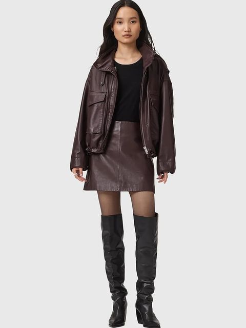 AllSaints spódnica skórzana RENAI kolor bordowy mini rozkloszowana W020RB