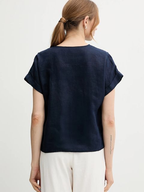 United Colors of Benetton bluzka lniana damska kolor granatowy gładka 5BMLDQ0BR - zdjęcie produktu nr 2