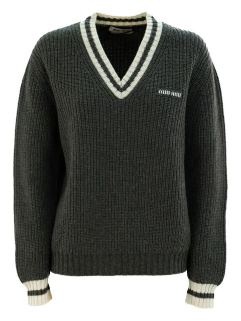 Miu Miu V-neck ribbed sweater - Grey - zdjęcie produktu nr 1