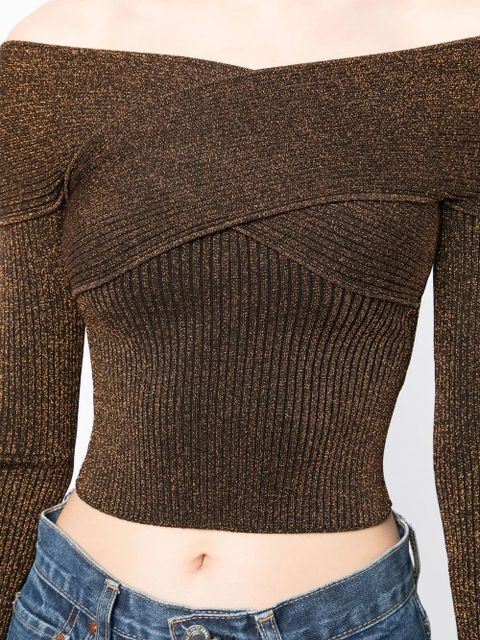 Self-Portrait off-shoulder metallic knitted top - Brown