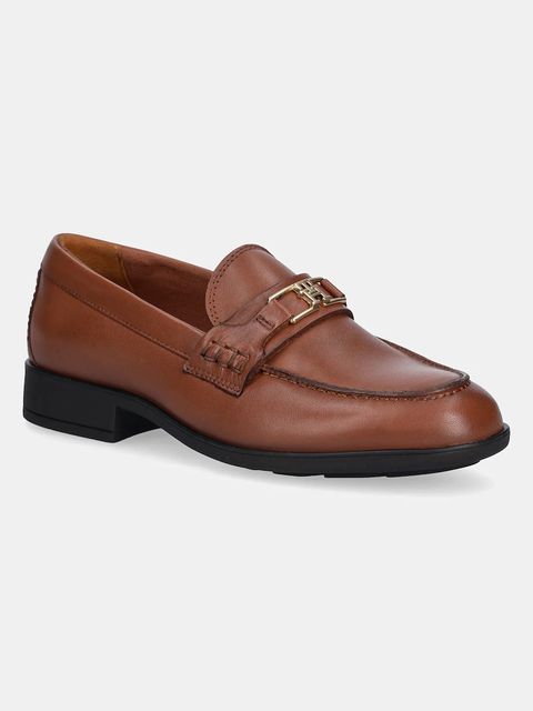 Tommy Hilfiger mokasyny skórzane TH LOGO LEATHER LOAFER damskie kolor brązowy na płaskim obcasie FW0FW08705 - zdjęcie produktu nr 1