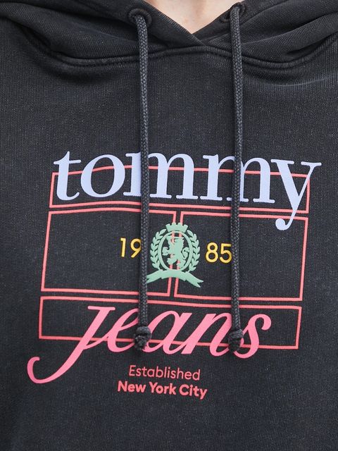 Tommy Jeans bluza bawełniana damska kolor czarny z kapturem z nadrukiem DW0DW22169