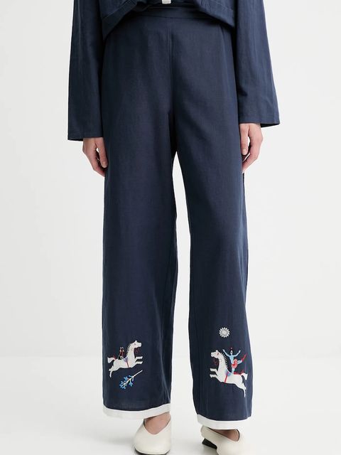 The Sleeper spodnie z domieszką lnu damskie kolor granatowy proste high waist FW2402EP - zdjęcie produktu nr 1