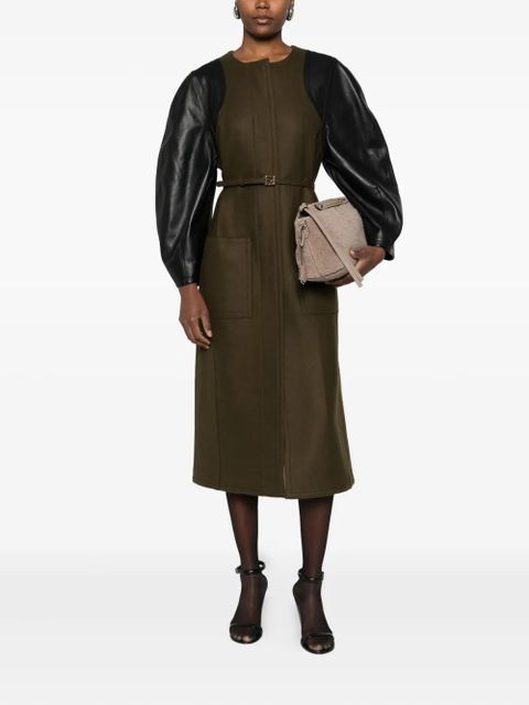 FENDI leather-sleeves wool coat - Green