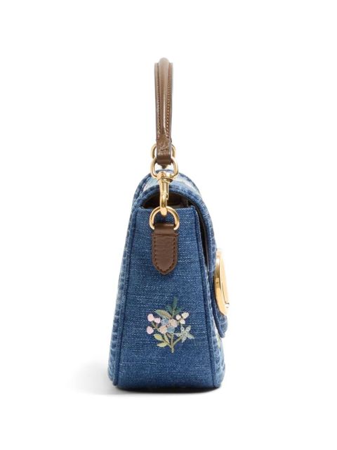 Valentino Garavani Alltime medium embroidered denim shoulder bag with embroidered ribbon strap - Blue